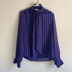 Oscar de la Renta sport blue striped tie front button down blouse long sleeve